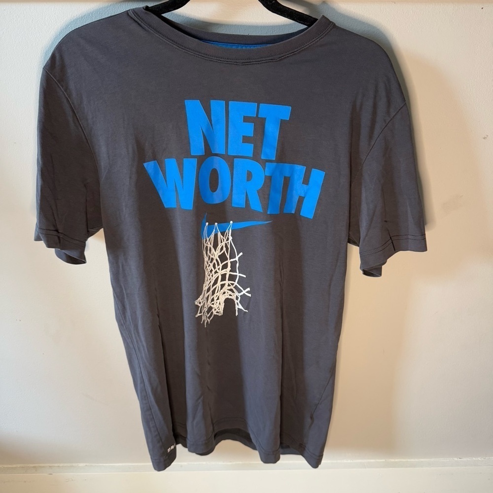 Nike Grey Basketball Net Worth Tee with Blue and White Lettering